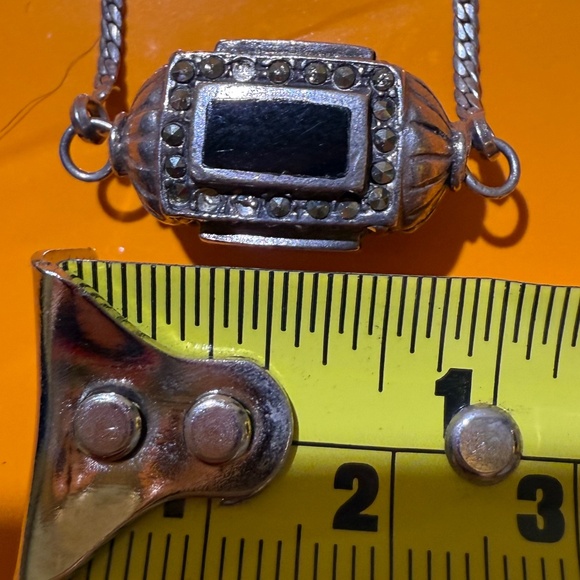 Vintage Sterling Silver Onyx Marcasite Cylinder Prayer Box Necklace 18” - Picture 9 of 12